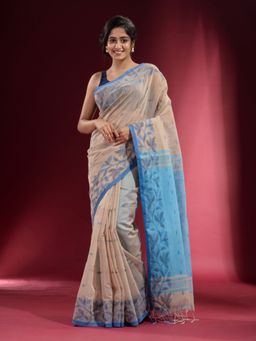 CHARUKRITI - Beige with Floral Border and Contrast Pallu Saree with Unstitched Blouse
