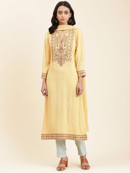 Aarke Ritu Kumar - Yellow Embroidered Kurta With Pant And Dupatta (Set of 3)