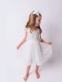 Yo Baby - Girls White Pure Cotton Polka Dotted Knee Length Dress with Bloomer