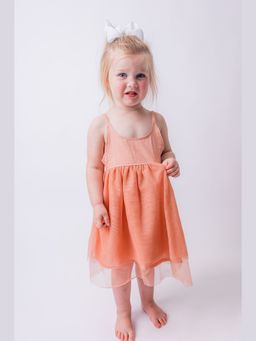 Yo Baby - Girls Peach Nylon Solid Midi Dress with Bloomer