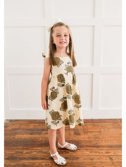 Yo Baby - Girls Beige Pure Cotton Floral Printed Midi Dress with Bloomer
