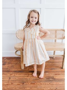 Yo Baby - Girls Off White Pure Cotton Stripes Printed Midi Dress with Bloomer