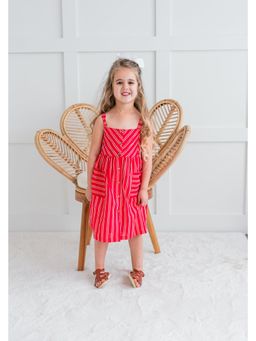 Yo Baby - Girls Red Pure Cotton Stripes Printed Midi Dress with Bloomer