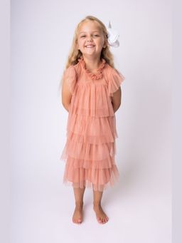 Yo Baby - Girls Peach Nylon Solid Midi Dress with Bloomer