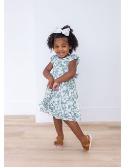 Yo Baby - Girls Green Viscose Floral Printed Midi Dress with Bloomer