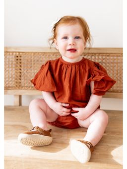 Yo Baby - Girls Rust Pure Cotton Solid Mini Dress with Bloomer