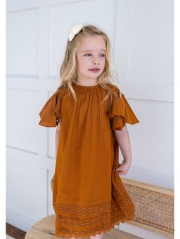 Yo Baby - Girls Rust Pure Cotton Solid Midi Dress with Bloomer