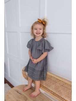 Yo Baby - Girls Grey Pure Cotton Solid Midi Dress with Bloomer