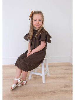 Yo Baby - Girls Brown Pure Cotton Solid Midi Dress with Bloomer