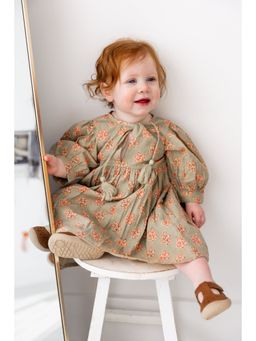 Yo Baby - Girls Green Pure Cotton Floral Printed Midi Dress with Bloomer