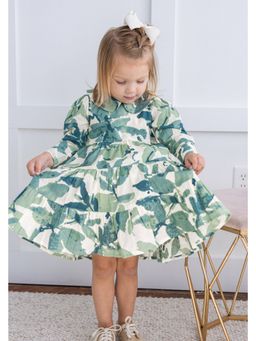 Yo Baby - Girls Green Pure Cotton Printed Midi Dress with Bloomer