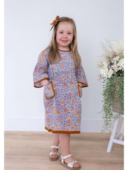 Yo Baby - Girls Blue Pure Cotton Floral Printed Midi Dress with Bloomer
