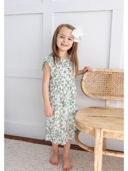 Yo Baby - Girls Green Viscose Floral Printed Midi Dress with Bloomer
