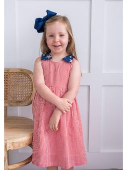 Yo Baby - Girls Red Pure Cotton Stripes Printed Midi Dress Bow with Bloomer and Belt