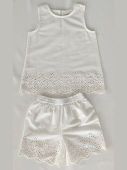 Yo Baby - Girls White Pure Cotton Embroidered Regular Top with Shorts