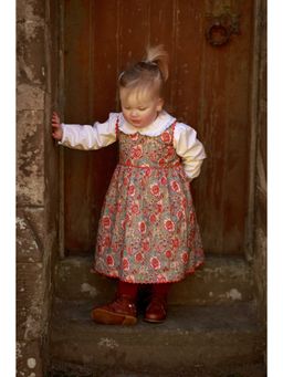 Yo Baby - Girls Red Pure Cotton Floral Printed Midi Dress with Bloomer