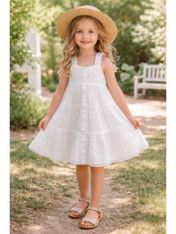 Yo Baby - Girls White Pure Cotton Textured Knee Length Dress with Bloomer