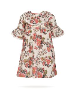 Yo Baby - Girls Beige Pure Cotton Floral Flared Dress with Bloomer