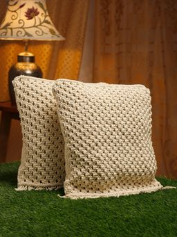 HOSTA HOMES - Pure Cotton Hand Tufted Cushion Covers Pack of 2 Beige (16x16 inches)