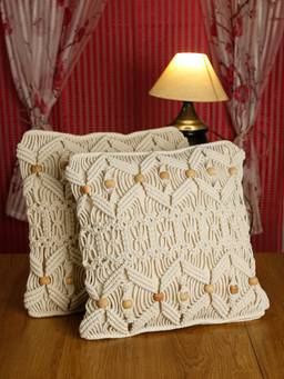 HOSTA HOMES - Pure Cotton Hand Tufted Cushion Covers Pack of 2 Beige (16x16 inches)