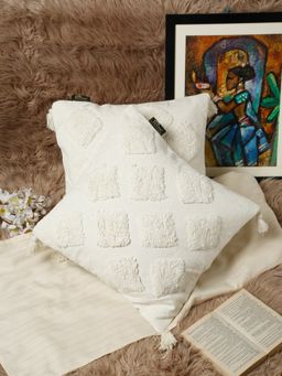 HOSTA HOMES - Pure Cotton Hand Tufted Cushion Covers Pack of 2 White (16x16 inches)