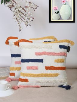 HOSTA HOMES - Pure Cotton Hand Tufted Cushion Covers Pack of 2 Multi-Color (16x16 inches)