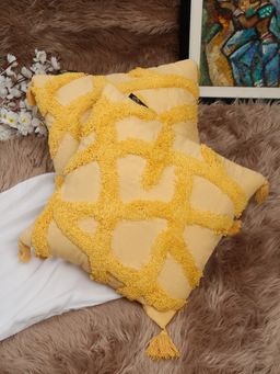 HOSTA HOMES - Pure Cotton Hand Tufted Tassel Cushion Covers Pack of 2 Yellow (16x16 inches)
