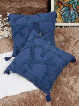 HOSTA HOMES - Pure Cotton Hand Tufted Tassel Cushion Covers Pack of 2 Navy Blue (16x16 inches)