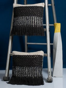 HOSTA HOMES - Pure Cotton Hand Tufted Cushion Covers Pack of 2 Black (16x16 inches)
