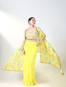 SHOWOFFFF - Women'S Yellow Embroidered Skirt with Blouse and Shrug (Set of 3)