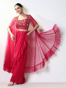 SHOWOFFFF - Women'S Pink Embroidered Skirt with Blouse and Shrug (Set of 3)