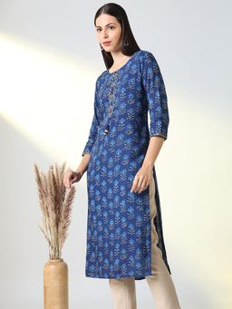 SHOWOFF - Women Blue Floral Print Straight Kurta