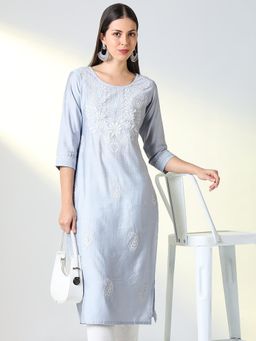 SHOWOFF - Women Grey Floral Straight Kurta