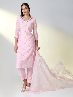 SHOWOFF - Women Pink Solid Straight Kurta and Pant with Dupatta (Set of 3)