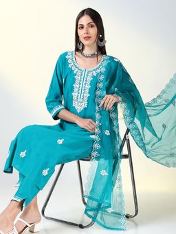 SHOWOFF - Women Teal Floral Straight Kurta and Pant with Dupatta (Set of 3)