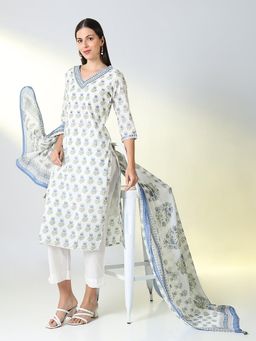 SHOWOFF - Women White Ethnic Motifs Straight Kurta and Pant with Dupatta (Set of 3)