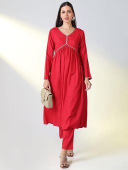 SHOWOFF - Women Red Solid A-Line Kurta and Pant (Set of 2)