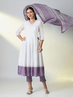 SHOWOFF - Women White Ethnic Motifs Anarkali Kurta and Pant with Dupatta and Inner (Set of 4)