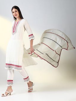 SHOWOFF - Women Off White Solid Straight Kurta and Pant with Dupatta (Set of 3)