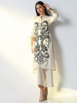 SHOWOFFFF - Women Off White Ethnic Motifs Straight Kurta and Pant (Set of 2)