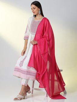 SHOWOFF - Women White Ethnic Motifs Anarkali Kurta and Pant with Dupatta (Set of 3)