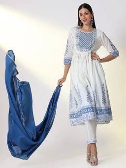 SHOWOFF - Women White Ethnic Motifs Anarkali Kurta and Pant with Dupatta (Set of 3)