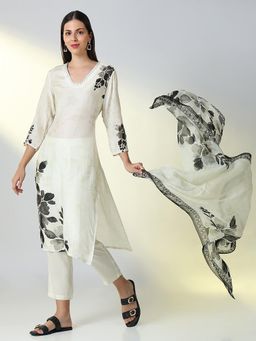 SHOWOFF - Women Off White Floral Straight Kurta and Pant with Dupatta (Set of 3)