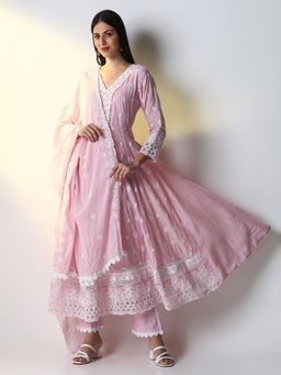 SHOWOFF - Women Pink Floral Anarkali Kurta and Pant with Dupatta (Set of 3)