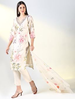 SHOWOFF - Women Cream Floral Straight Kurta and Pant with Dupatta (Set of 3)