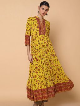 SHOWOFF - Women Floral Mustard Anarkali Kurta