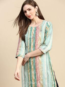SHOWOFFFF - Women Striped Sea Green Straight Kurta