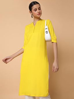 SHOWOFF - Women Straight Yellow Solid Kurta