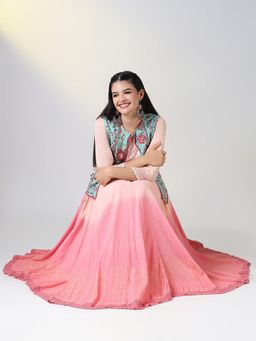 SHOWOFF - Women Peach Ethnic Motifs Anarkali Kurta with Jacket (Set of 2)