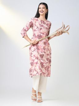 SHOWOFF - Women Pink Floral Straight Kurta